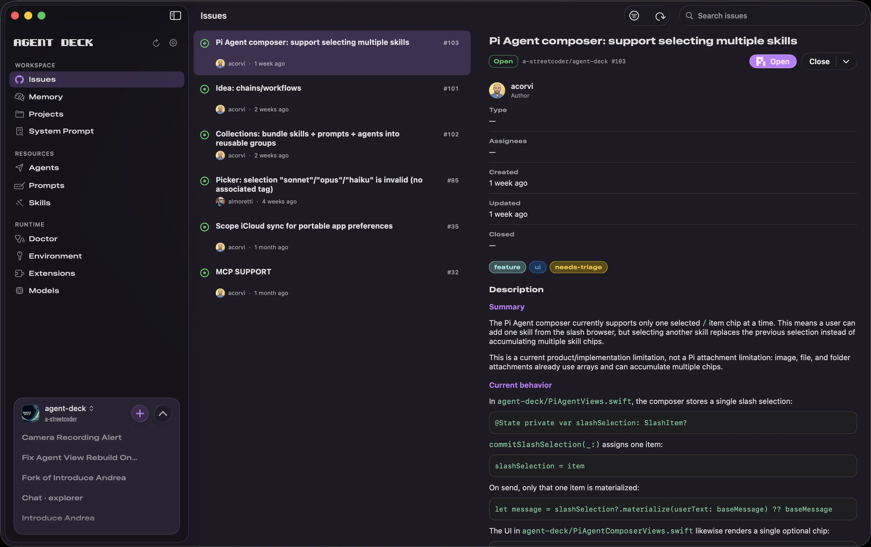 Agent Deck GitHub issue board with an issue ready to open as a coding session