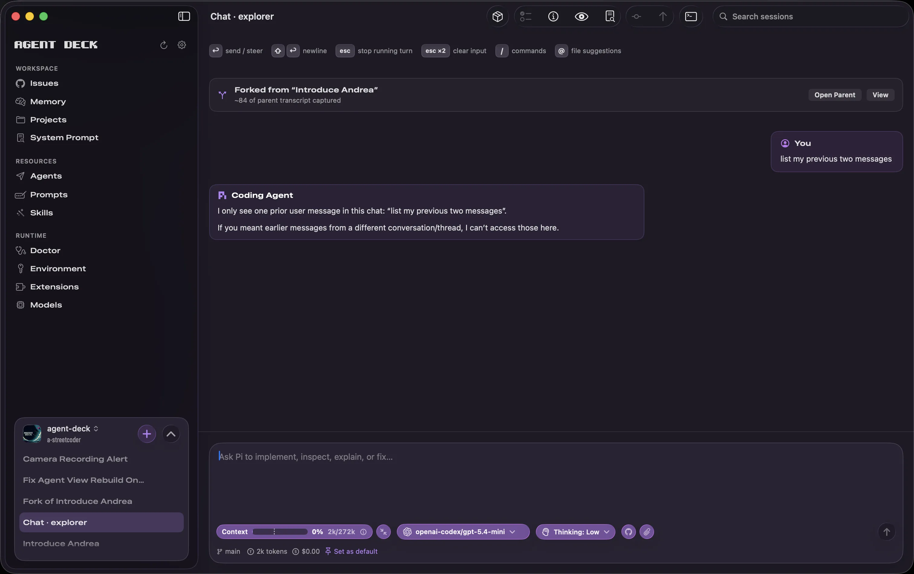 Agent Deck session branched from a parent conversation with its transcript carried into the new session