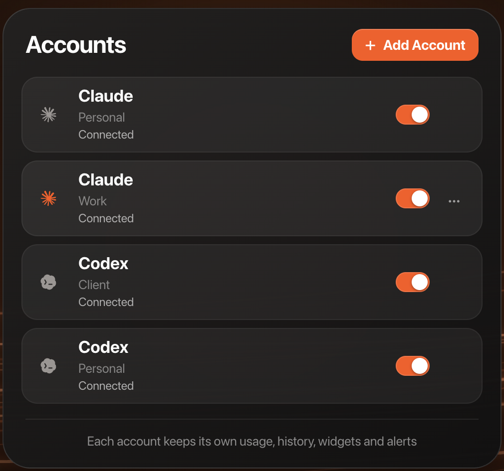 Code Meter accounts panel with separate Claude and Codex accounts