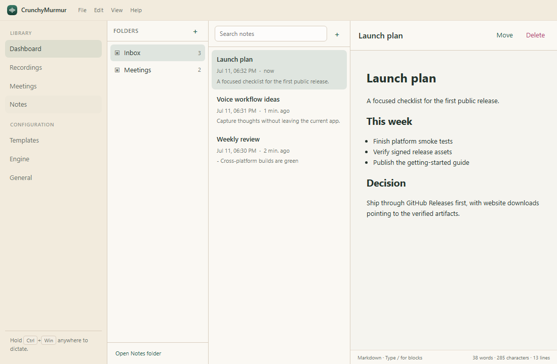 CrunchyMurmur Markdown notes workspace with folders, note list, and editor
